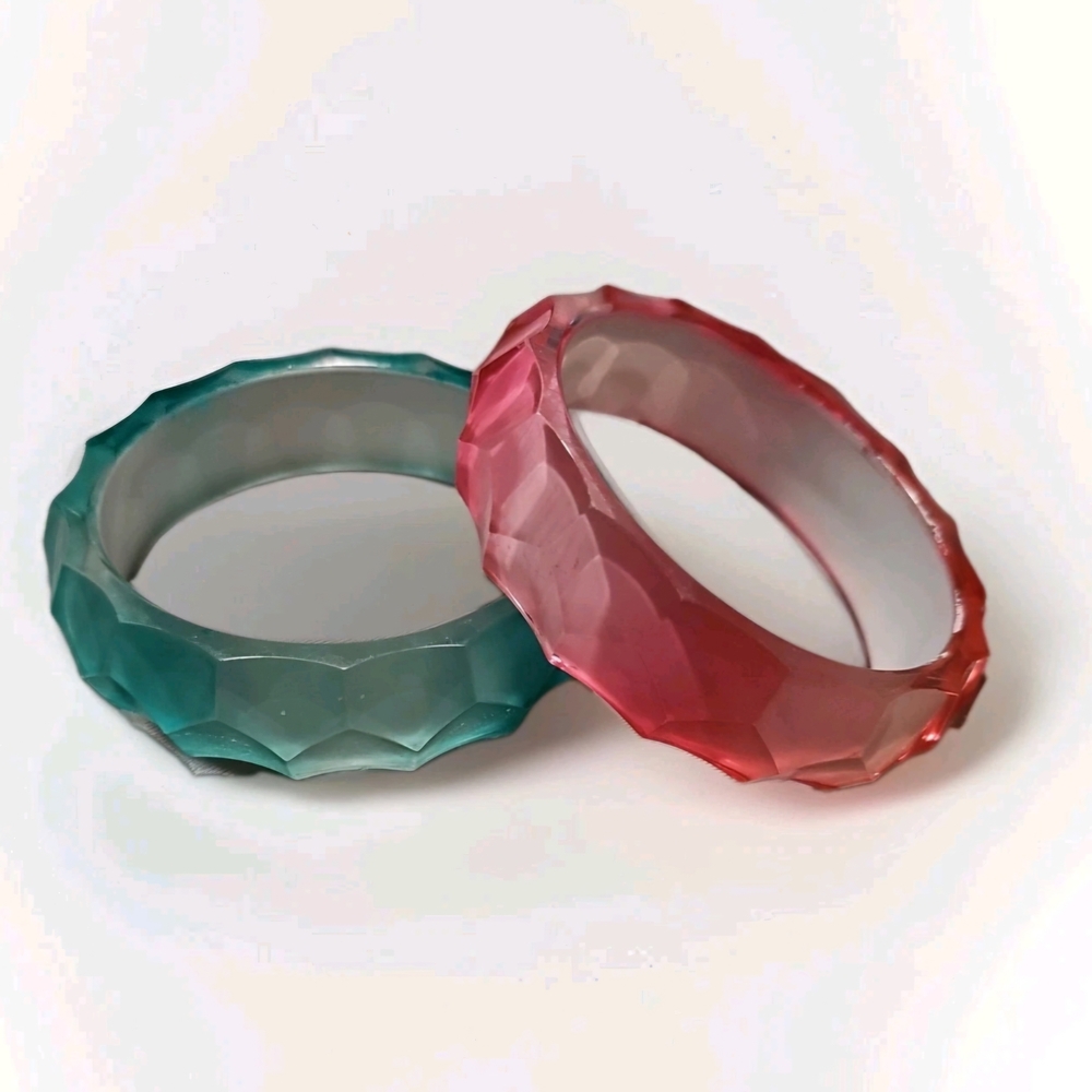 Vintage Faceted Retro Resin Chunky Bangle Bracelet Set  Pink & Aqua